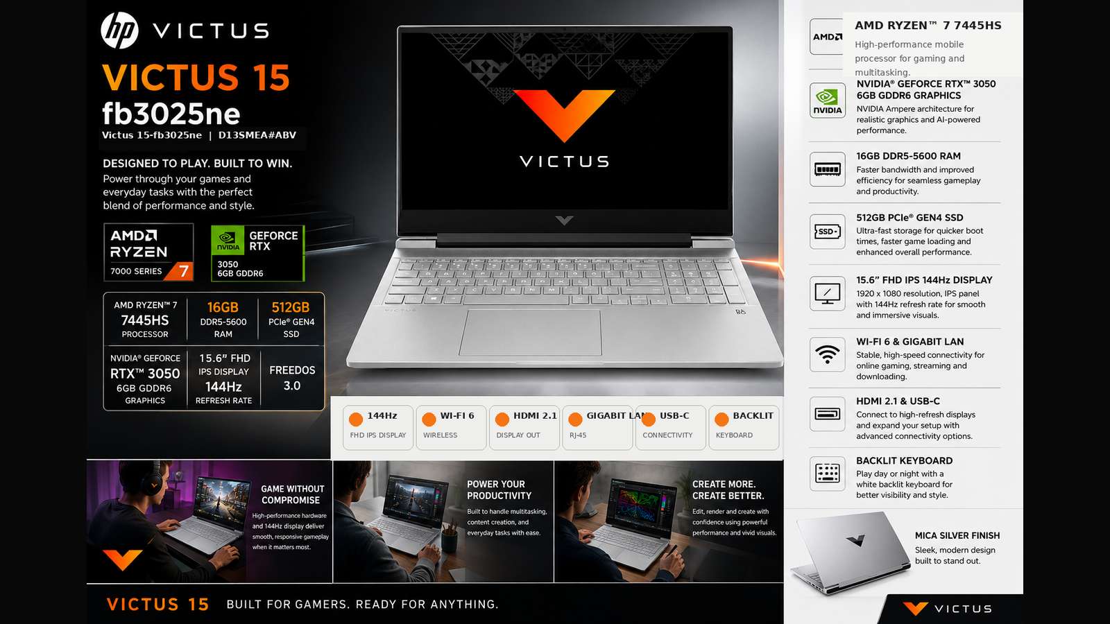 HP Victus 15-fb3025ne Gaming Laptop, AMD Ryzen 7 7445HS, 16GB DDR5-5600, 512GB PCIe Gen4 SSD, NVIDIA GeForce RTX 3050 6GB, 15.6-inch FHD IPS 144Hz, FreeDOS 3.0, Mica Silver | D13SMEA#ABV